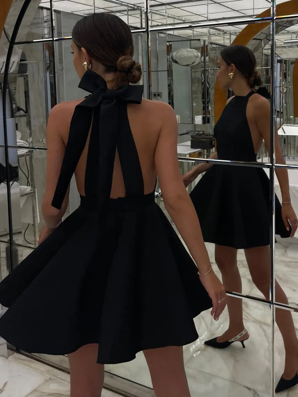 Satin Knotted Doule Pockets Open Back Pleated Mini Dress Dresses