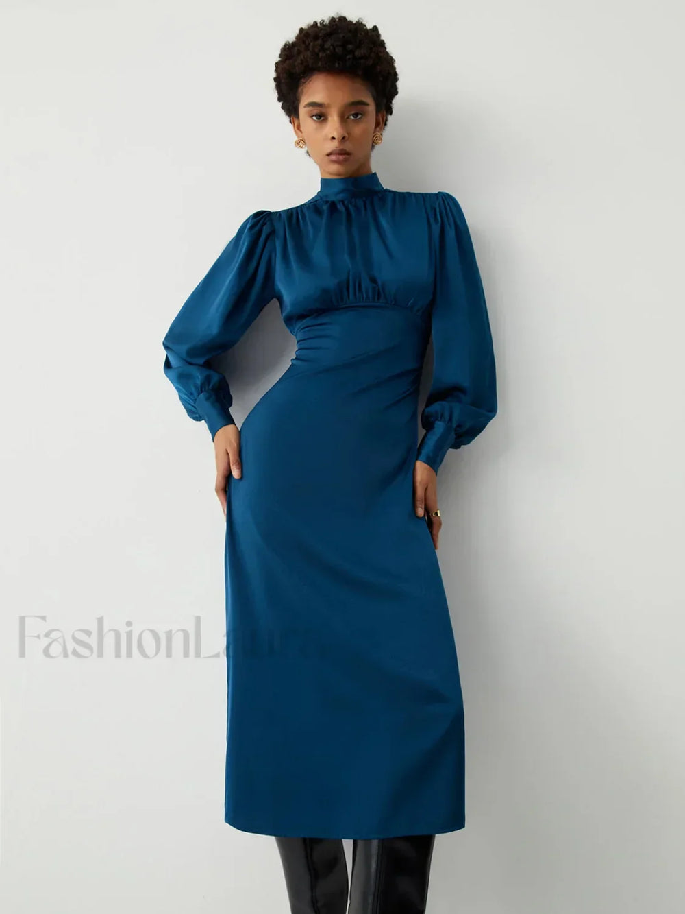 Satin Mock Neck Tie Modern Back Long Sleeve Midi Dress Blue / XS Dresses