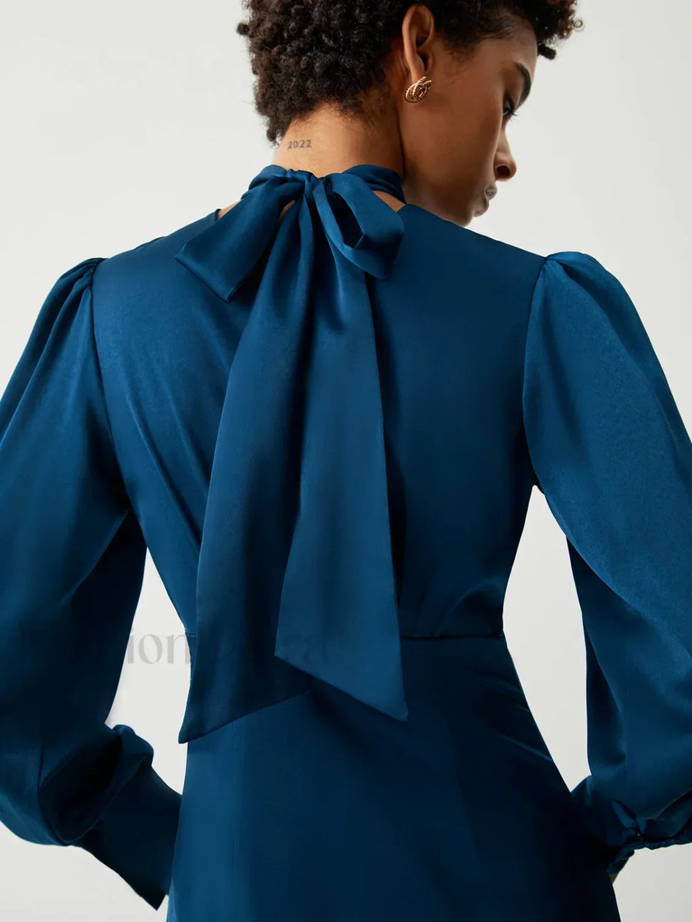 Satin Mock Neck Tie Modern Back Long Sleeve Midi Dress Dresses