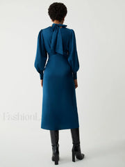 Satin Mock Neck Tie Modern Back Long Sleeve Midi Dress Dresses