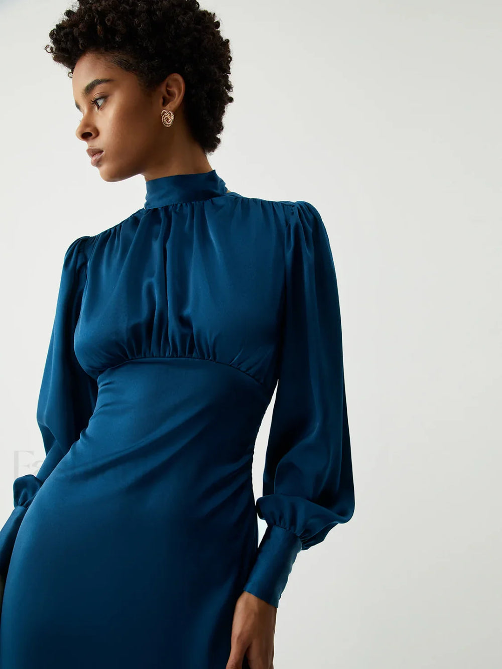 Satin Mock Neck Tie Modern Back Long Sleeve Midi Dress Dresses