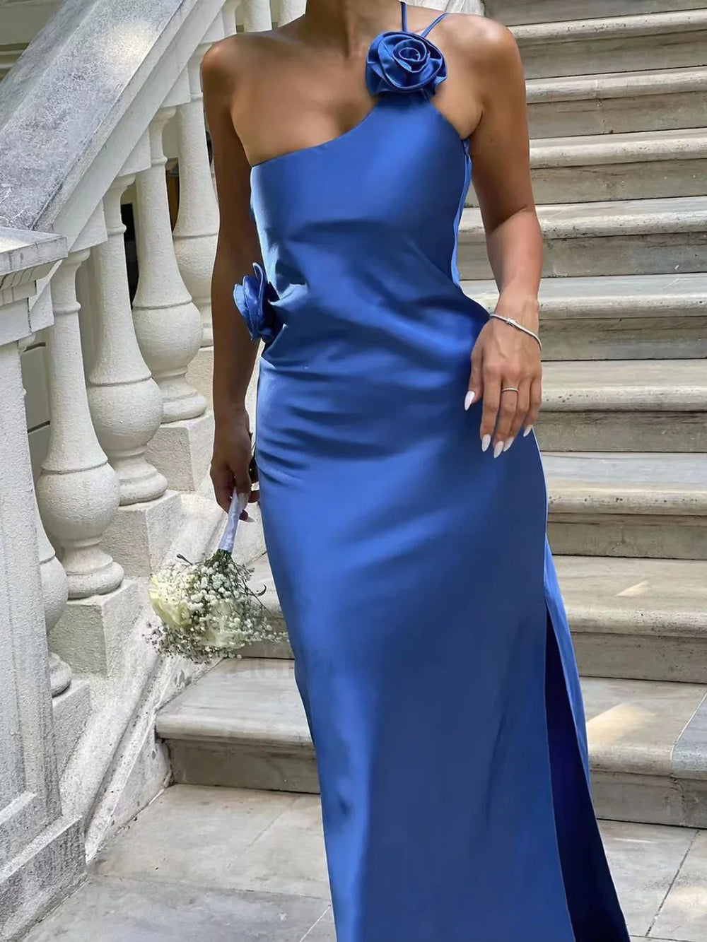 Satin Rose Decor Asymmetrical Modern Open Back Maxi Dress Party Dresses L