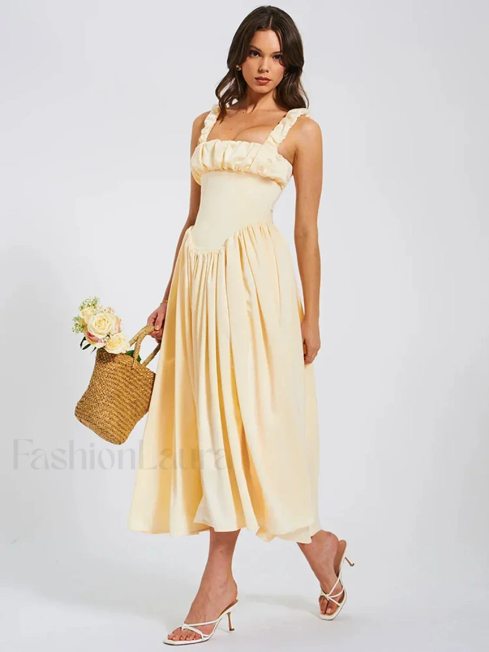 Satin Square Collar Midi Dress