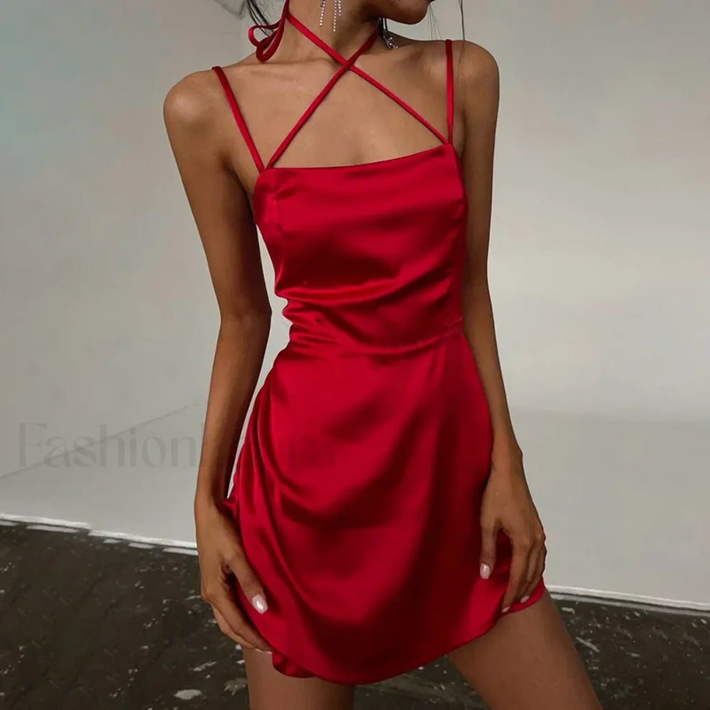 Satin Strap Backless Mini Dress Red / S