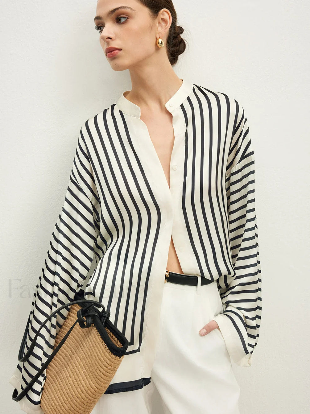 Satin Striped Button Cozy Blouse Blouses