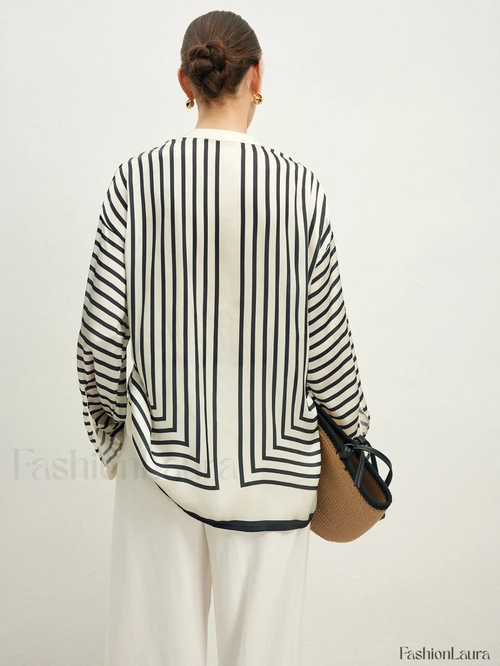 Satin Striped Button Cozy Blouse Blouses