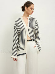 Satin Striped Button Cozy Blouse Blouses