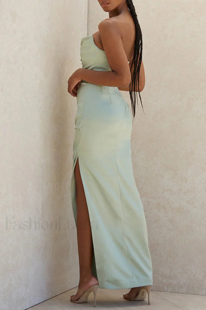 Satin Tube Top Halter Split Knee Length Sexy Evening Maxi Dress