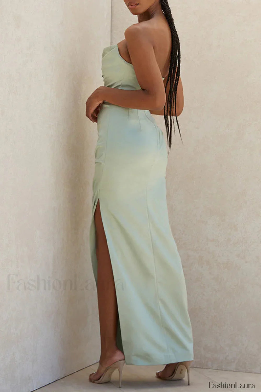 Satin Tube Top Halter Split Knee Length Sexy Evening Maxi Dress