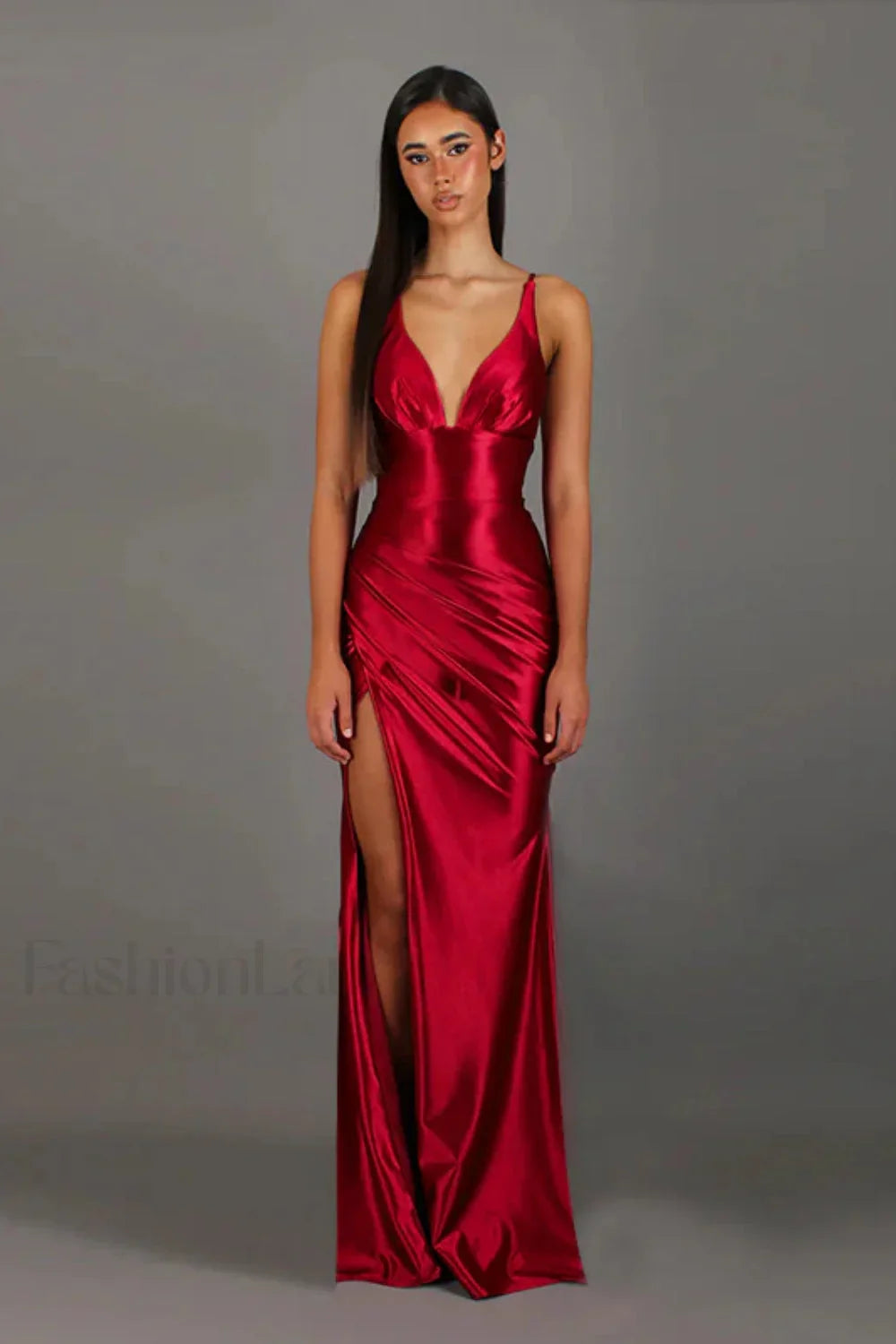 Satin V Neck Waist Split Halter Suspender Maxi Dress