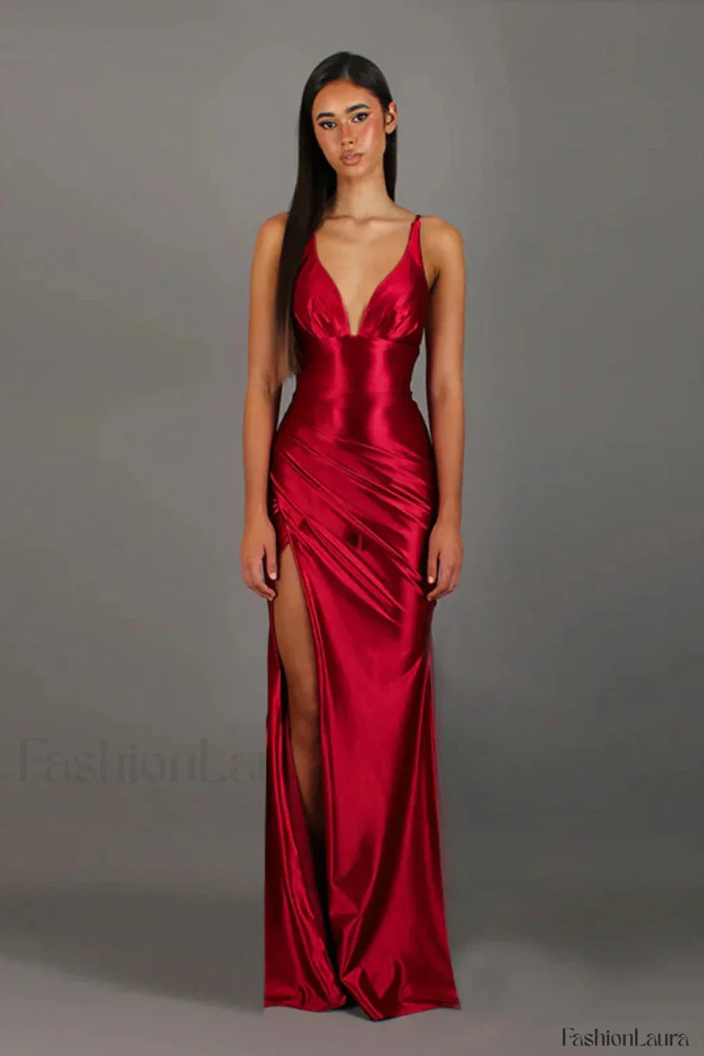 Satin V Neck Waist Split Halter Suspender Maxi Dress