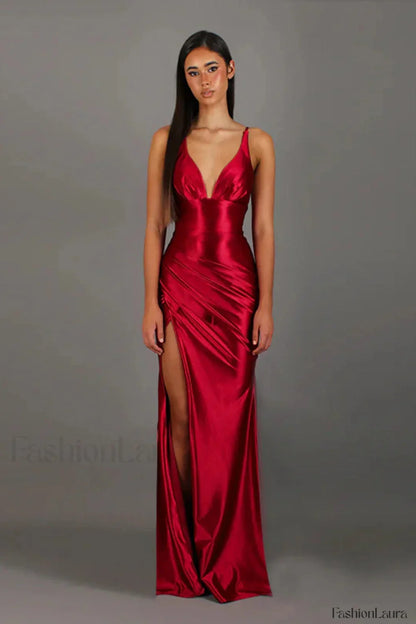 Satin V Neck Waist Split Halter Suspender Maxi Dress