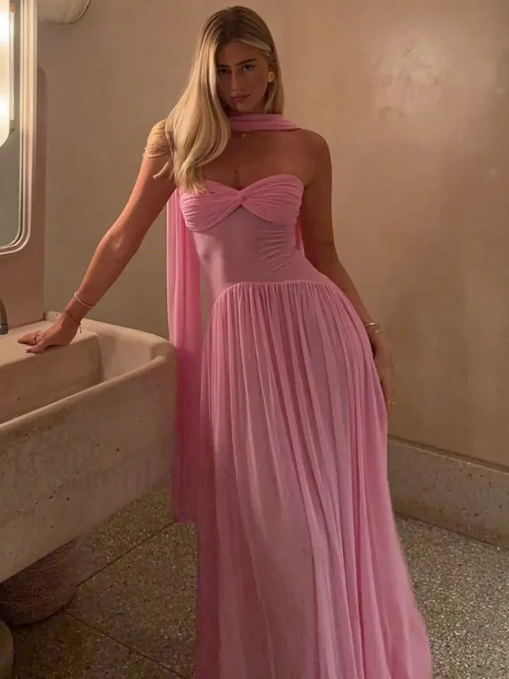 Scarf Collar Mesh Pink Maxi Dress