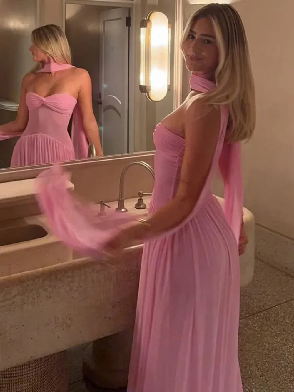 Scarf Collar Mesh Pink Maxi Dress