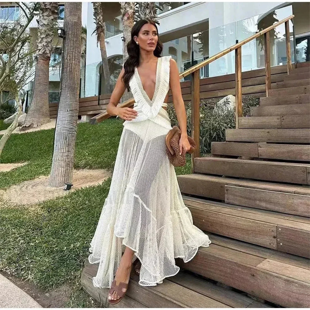 See Through Tassel Boho Dress white / S