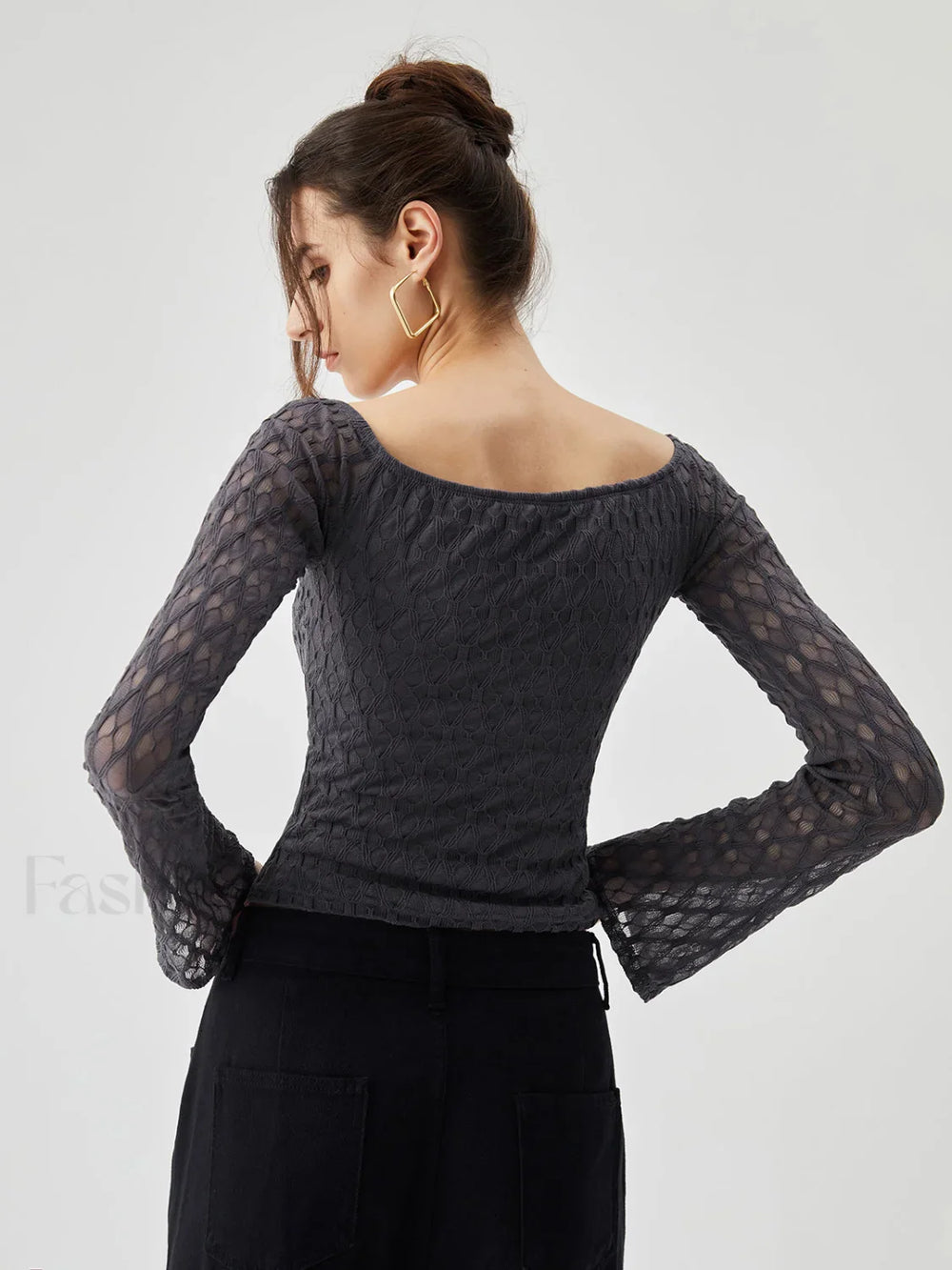 Semi sheer Boat Neck Trendy Mesh Crop Top T Shirts