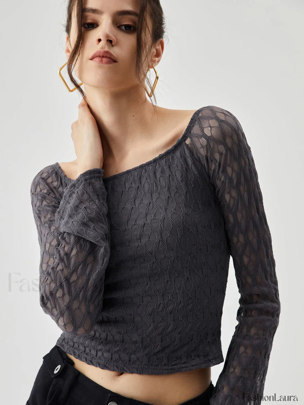 Semi sheer Boat Neck Trendy Mesh Crop Top T Shirts