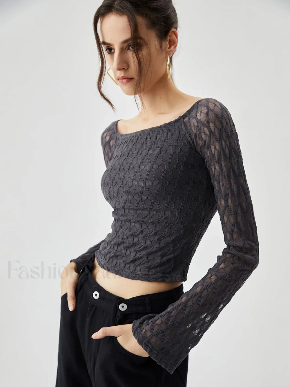 Semi sheer Boat Neck Trendy Mesh Crop Top Grey / S T Shirts