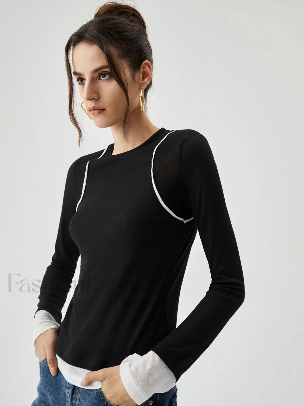 Semi sheer Contrast Trim Patchwork Modern Long Sleeve Knit Top Black / S T Shirts