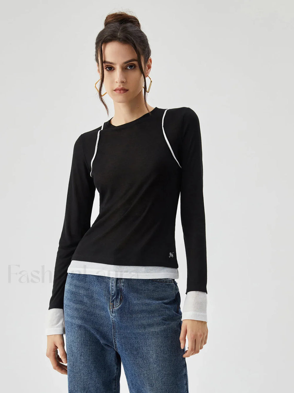 Semi sheer Contrast Trim Patchwork Modern Long Sleeve Knit Top T Shirts