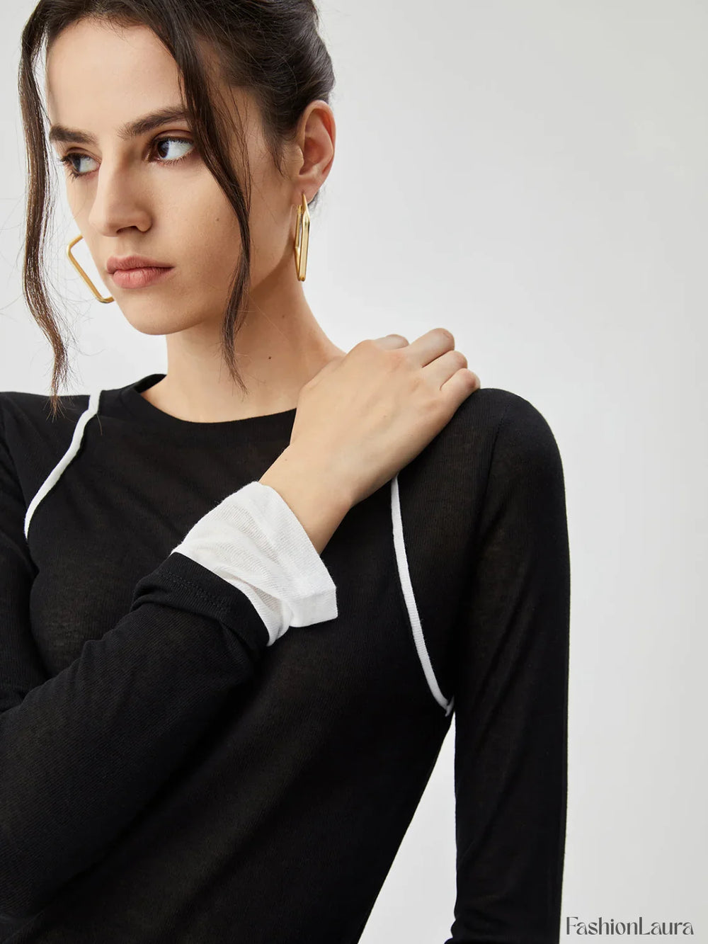 Semi sheer Contrast Trim Patchwork Modern Long Sleeve Knit Top T Shirts