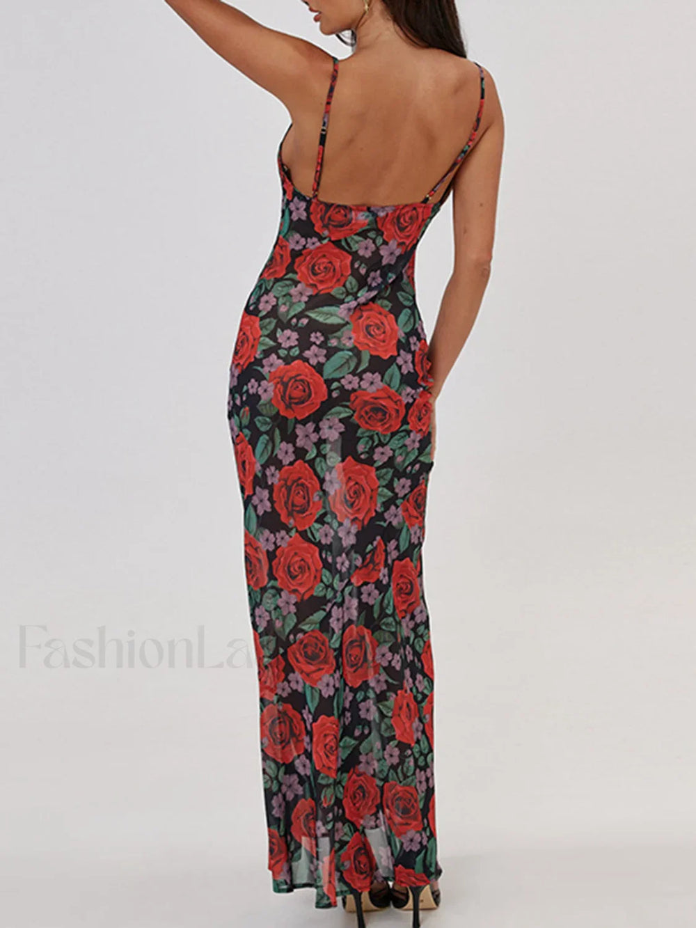 Semi Sheer Floral Print Cami Long Dress Dresses