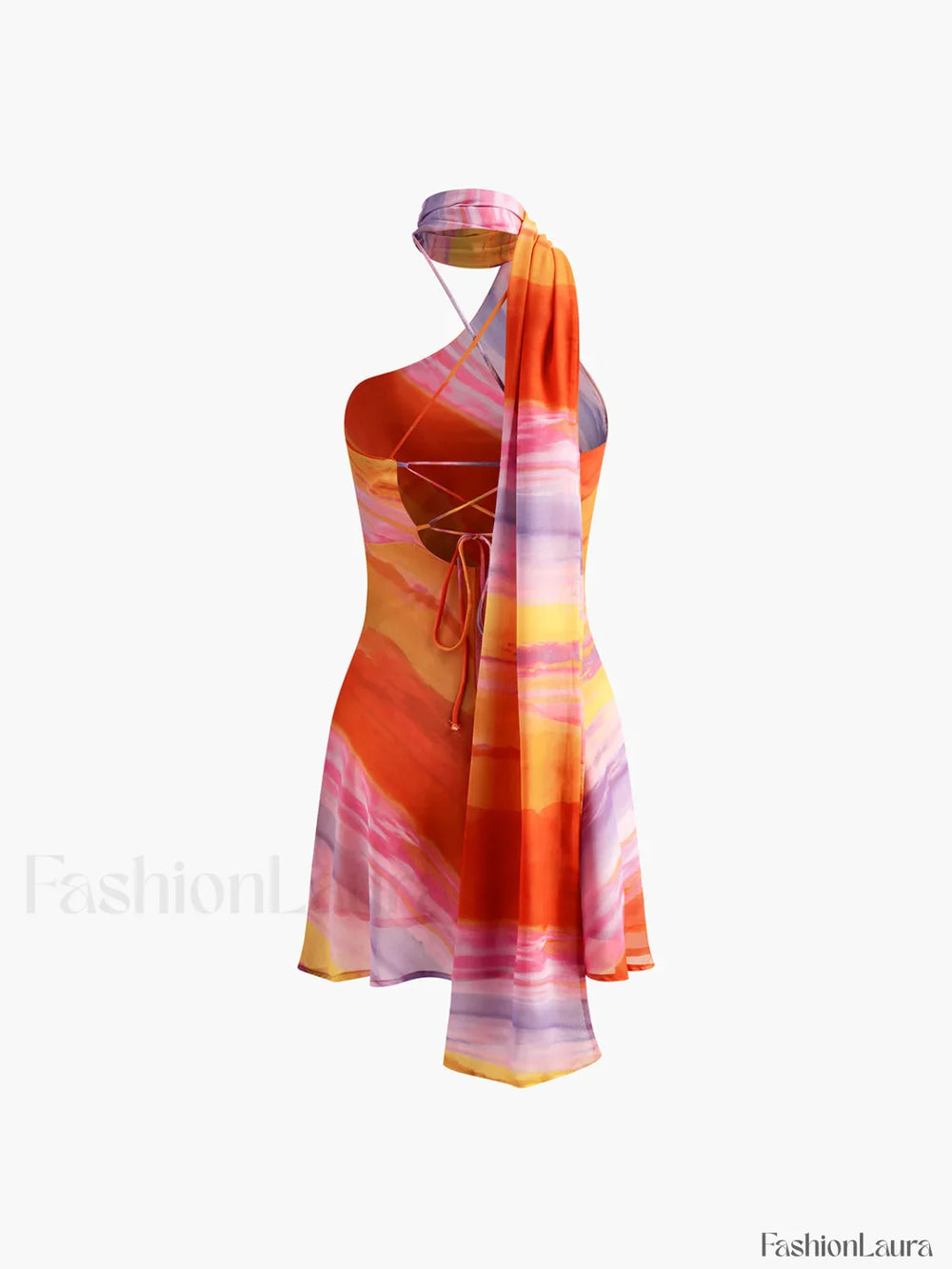 Semi Sheer Halter Backless Tie Dye Short Dress Dresses