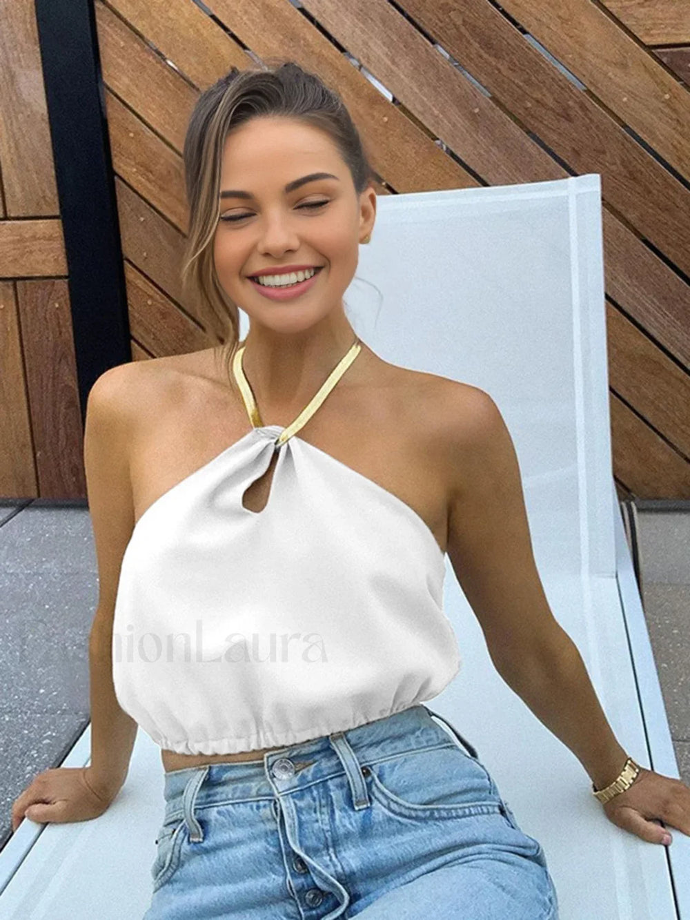 Semi Sheer Halter Crop Sleeveless Top Tank Tops & Camis