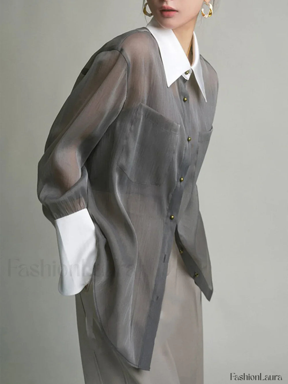 Semi Sheer Leisure See Through Shirt With Cami Top Grey / XS Shirts