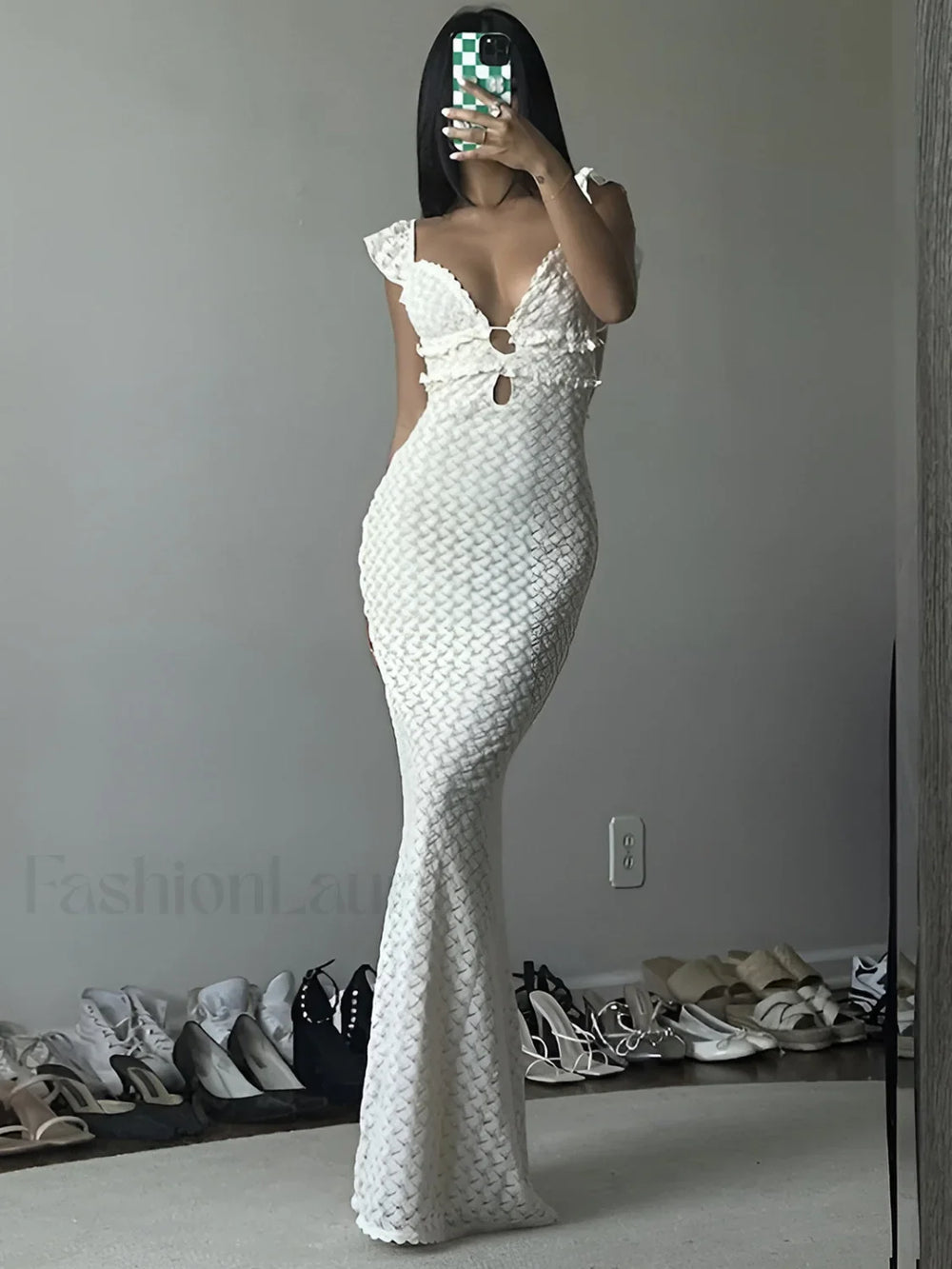 Semi Sheer Pearl Keyhole Neckline Cami Long Dress Dresses