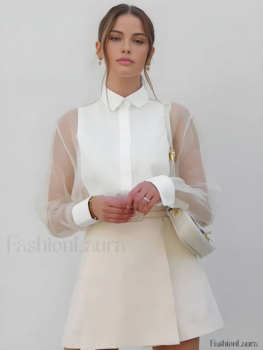 Semi Sheer Puff Sleeve Organza Shirt White / XS Shirts