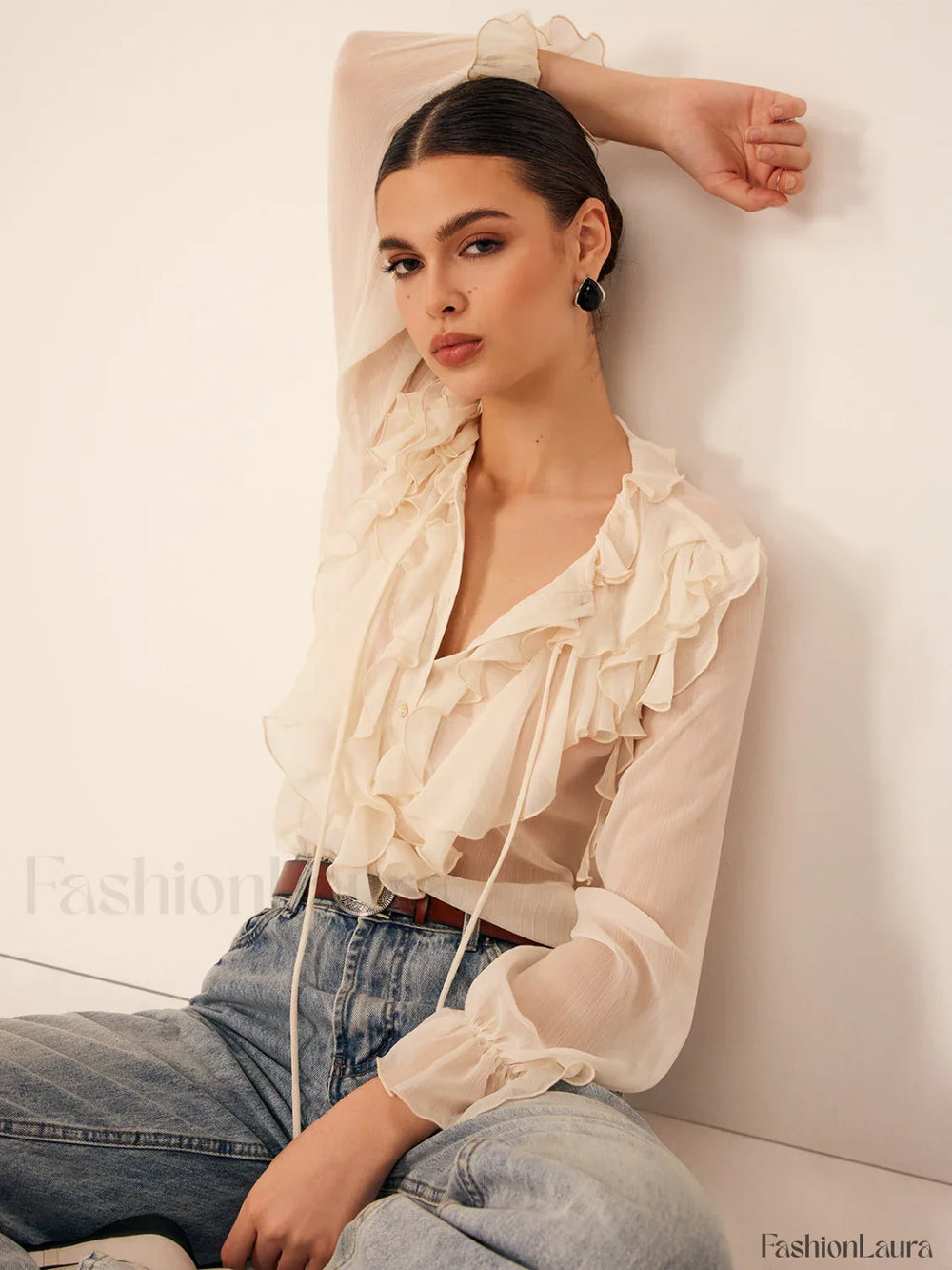 Semi Sheer Ruffle Chiffon Breasted Blouse Blouses