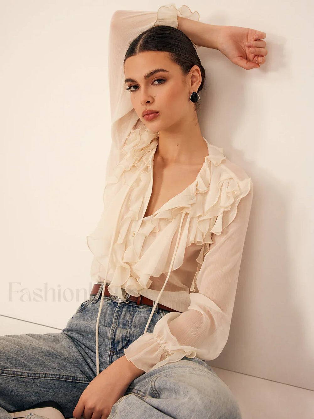 Semi Sheer Ruffle Chiffon Breasted Blouse Blouses
