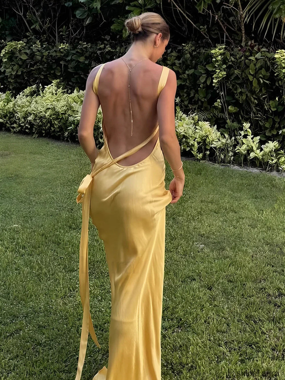 Semi Sheer Satin Asymmetrical One Shoulder Long Dress Yellow / XS Dresses