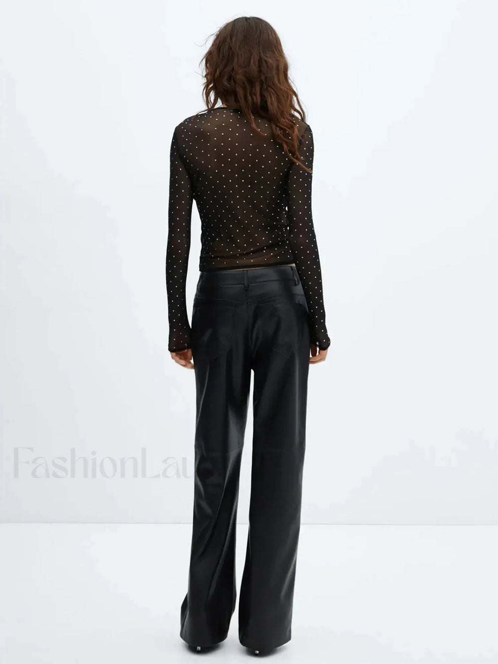 Semi sheer Sequined Polka Dot Modern Long Sleeve Mesh Shirt T Shirts