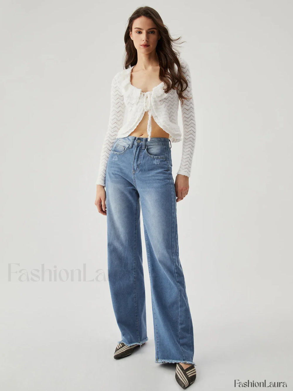 Semi sheer Wavy Ruffled Trendy Trim Tied Crop Blouse Blouses