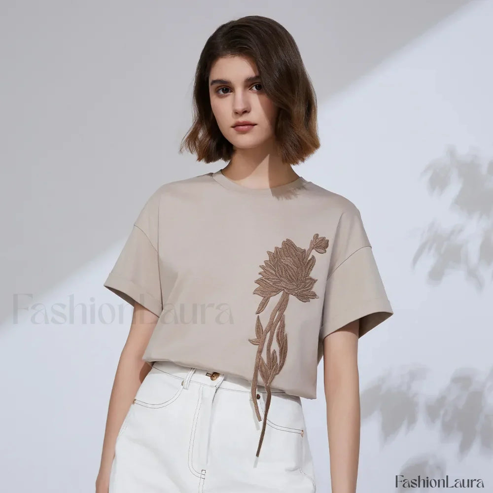 Sequin Cotton Lyocell Slim T Shirt Light coffee / S