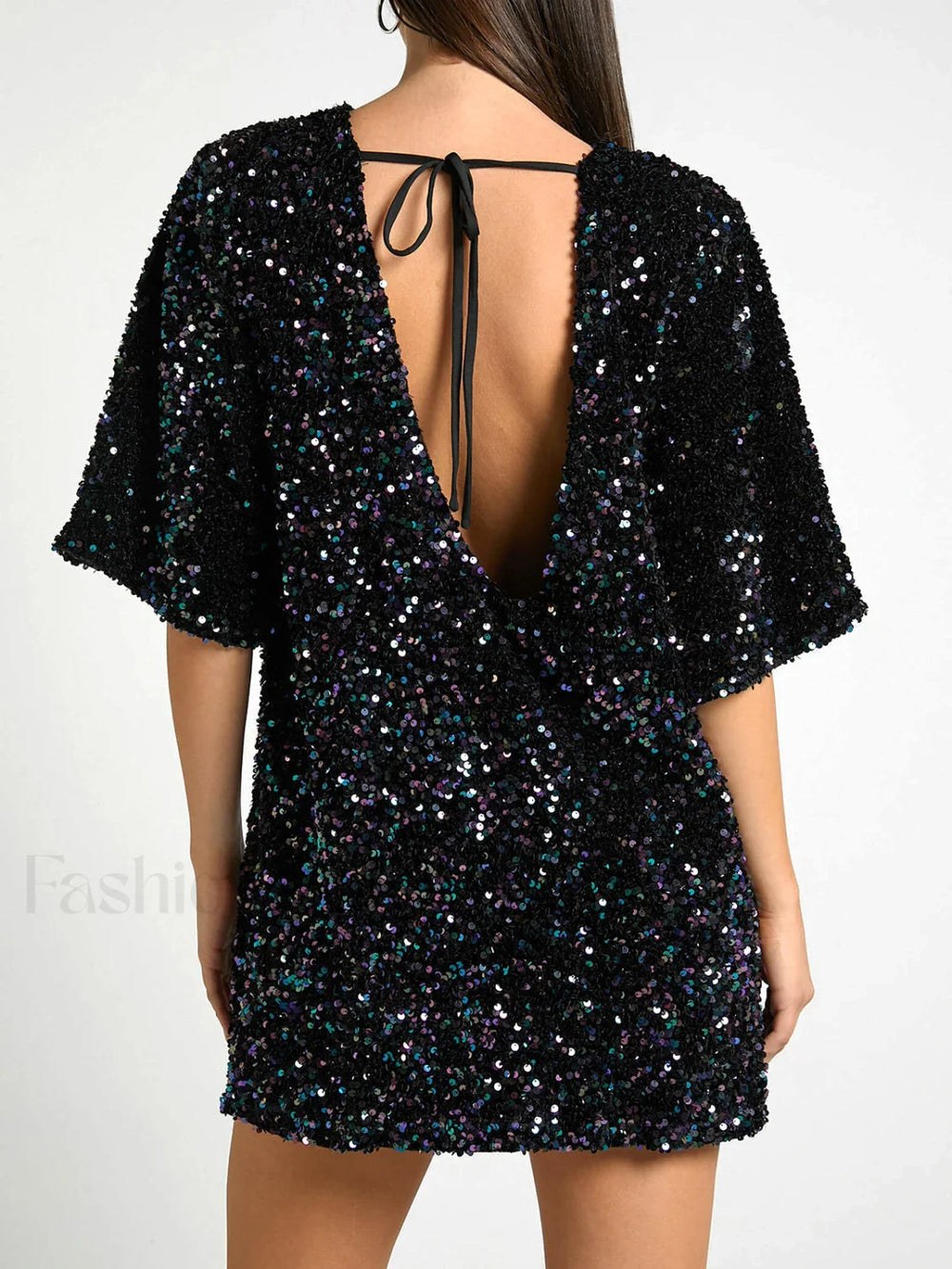 Sequin Deep V Trendy Back Tie Short Dress Black / S Dresses