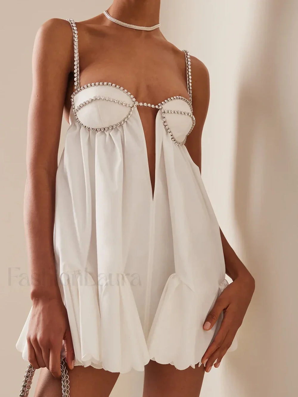 Sequin Hollow Back Mini Dress Ivory / S