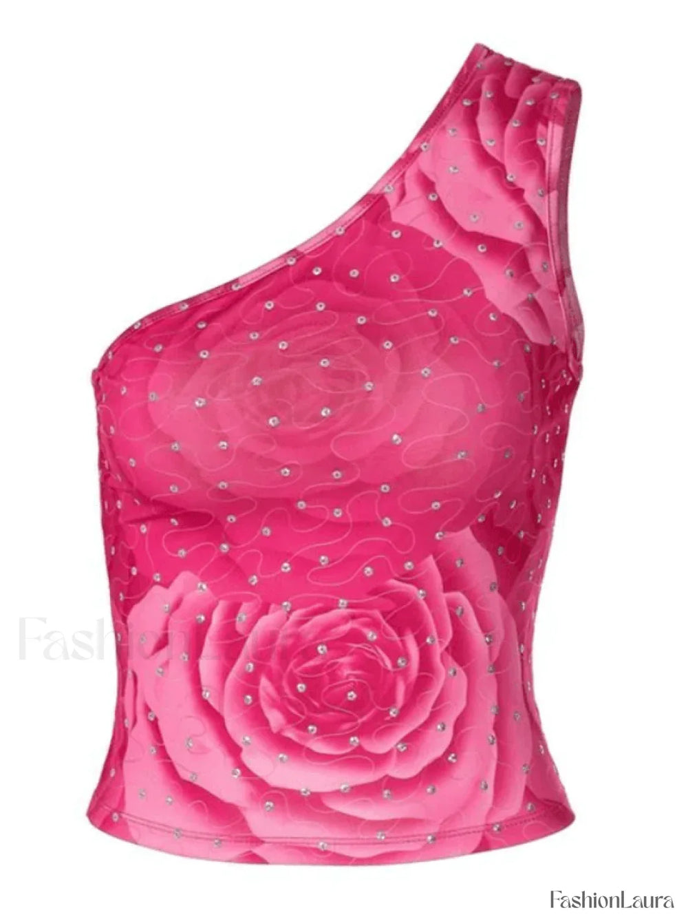 Sequin One Shoulder Floral Crop Tank Top Tops&Tees