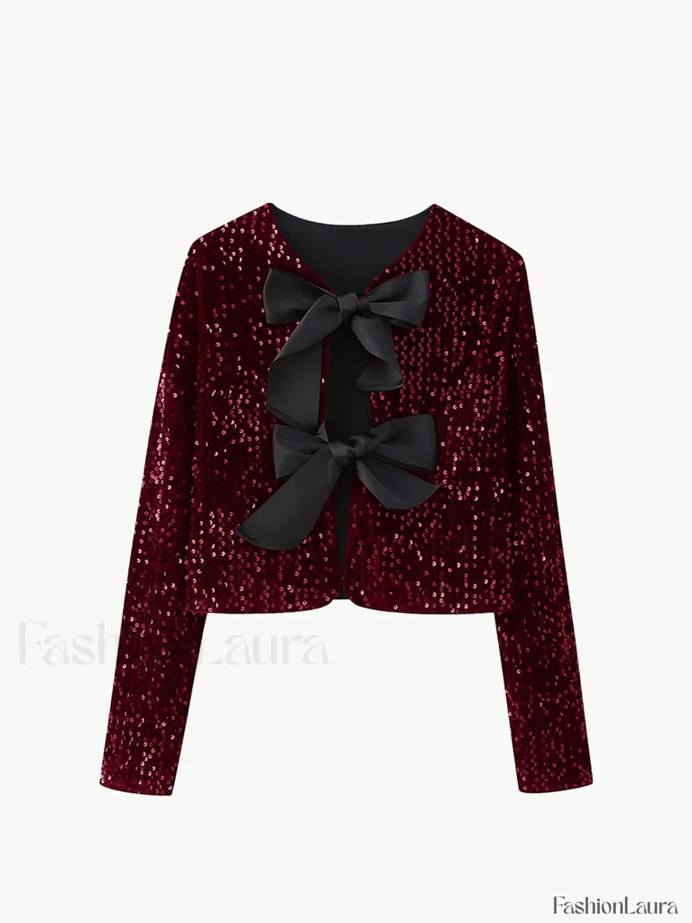 Sequined Velvet Bowknot Decor Jacket Burgundy / XS Jackets