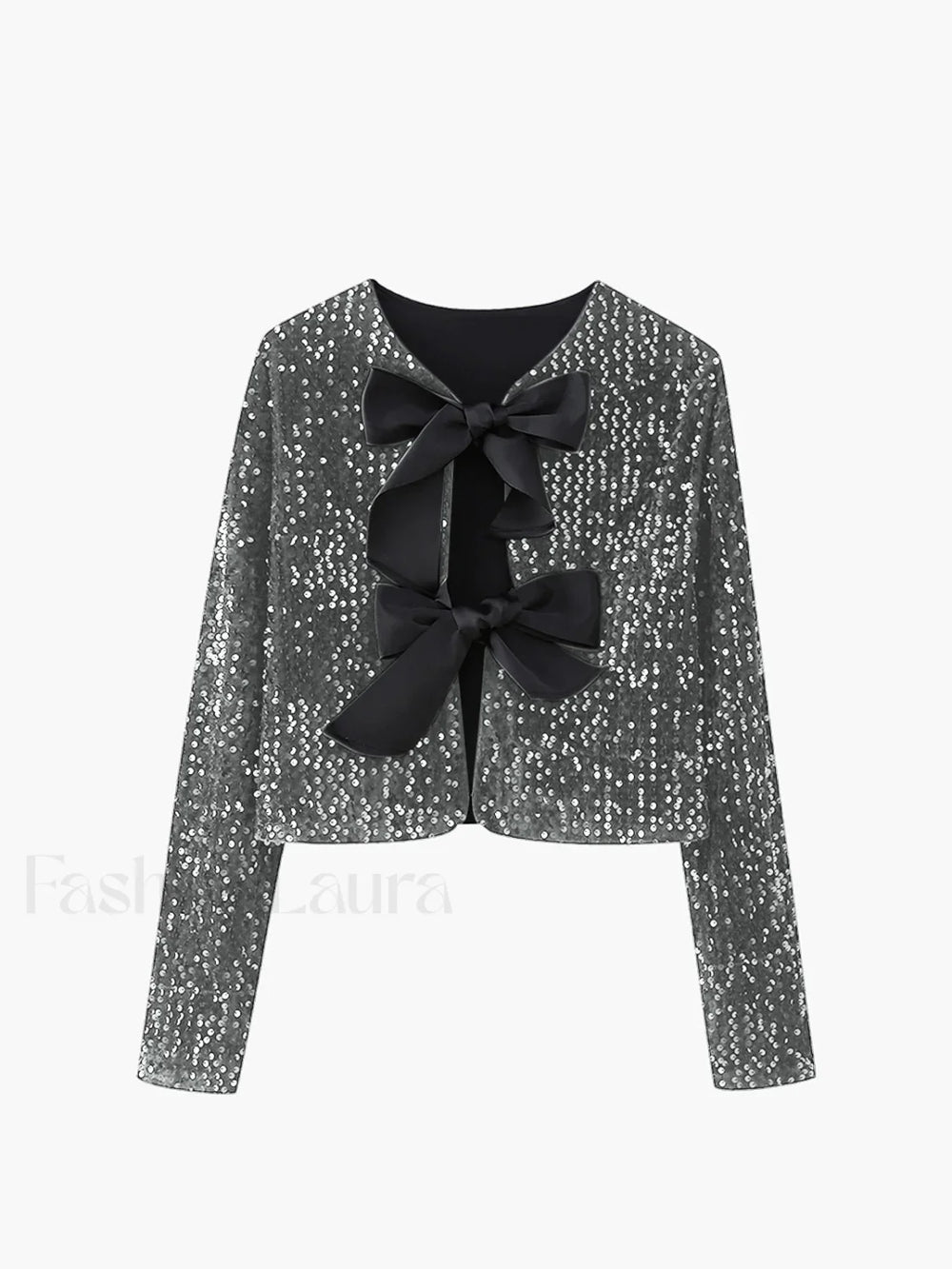 Sequined Velvet Bowknot Decor Jacket Grey / XS Jackets