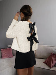 Sequined Velvet Bowknot Decor Jacket Jackets