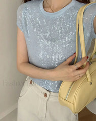 Sequined Y2K Cotton T Shirt