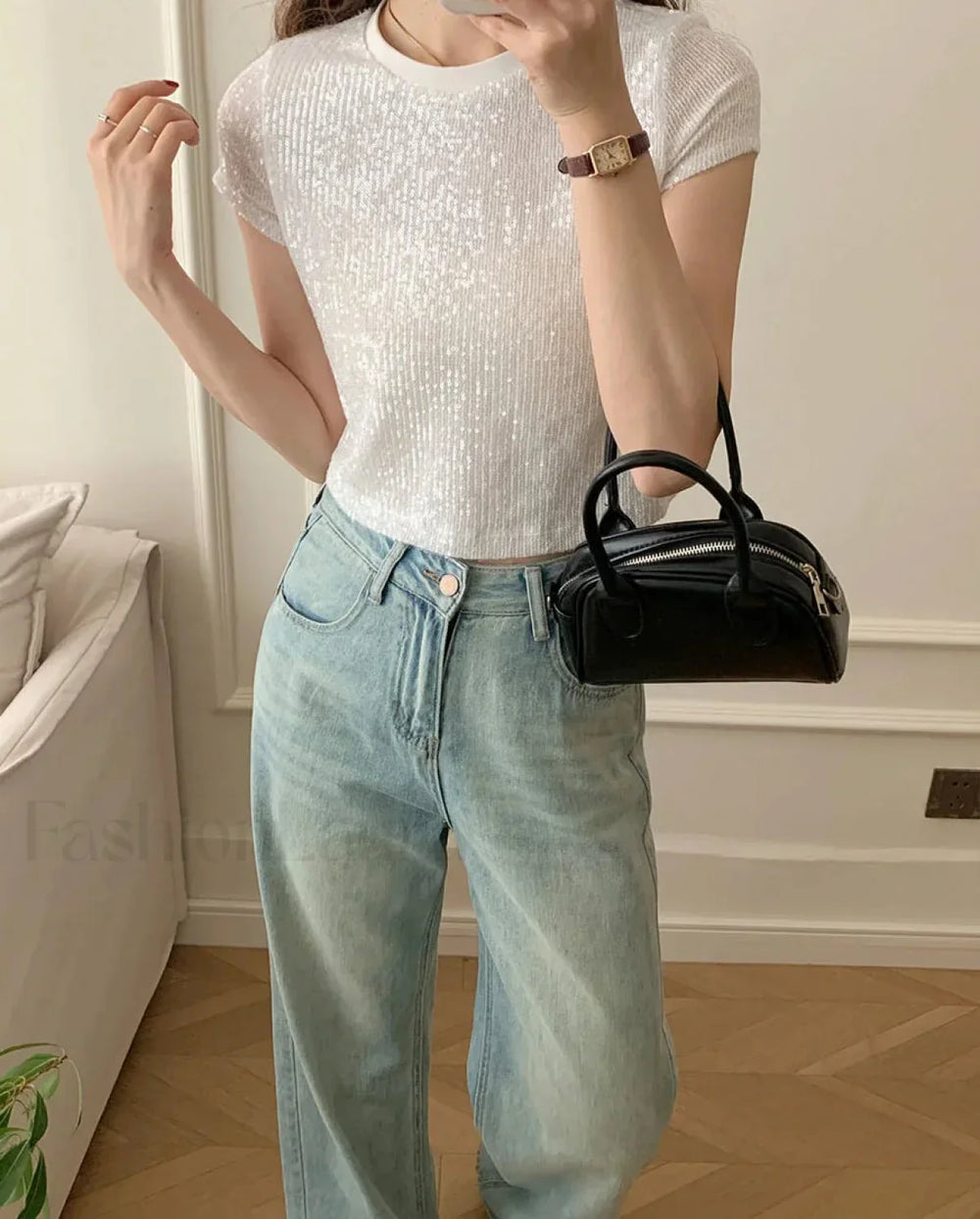 Sequined Y2K Cotton T Shirt