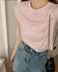 Sequined Y2K Cotton T Shirt