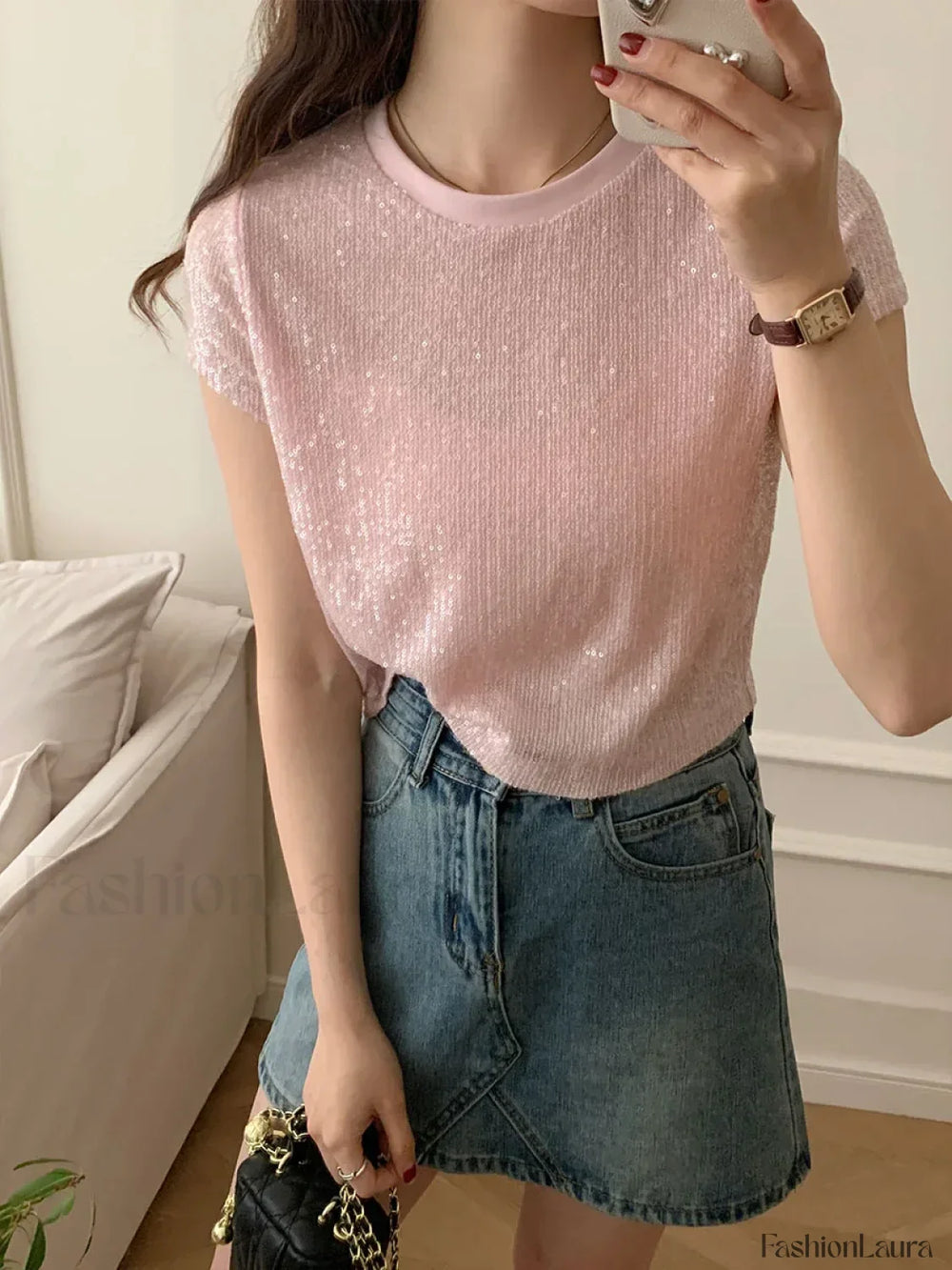 Sequined Y2K Cotton T Shirt Pink / S