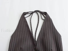 Sexy Backless Bow Tie Striped Print Short Blouse Crop Top