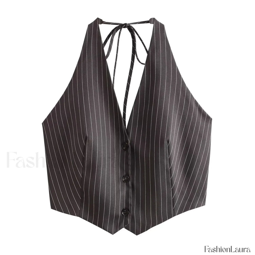 Sexy Backless Bow Tie Striped Print Short Blouse Crop Top GRAY / S