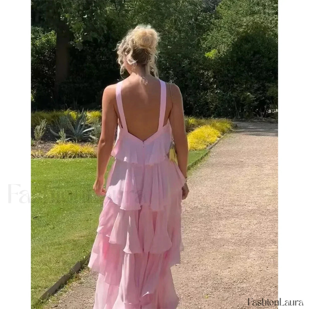 Sexy Backless Layered Ruffles Floral Dress Pink / S